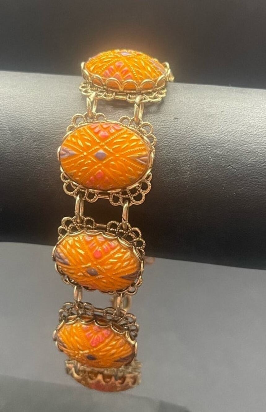 Orange Czech Glass Eight Panel Filigree 7" Bracelet Vintage Molded Painted Retro
